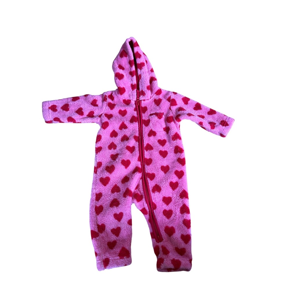 Hanna Andersson pink fleece red heart one piece hooded jumpsuit infant